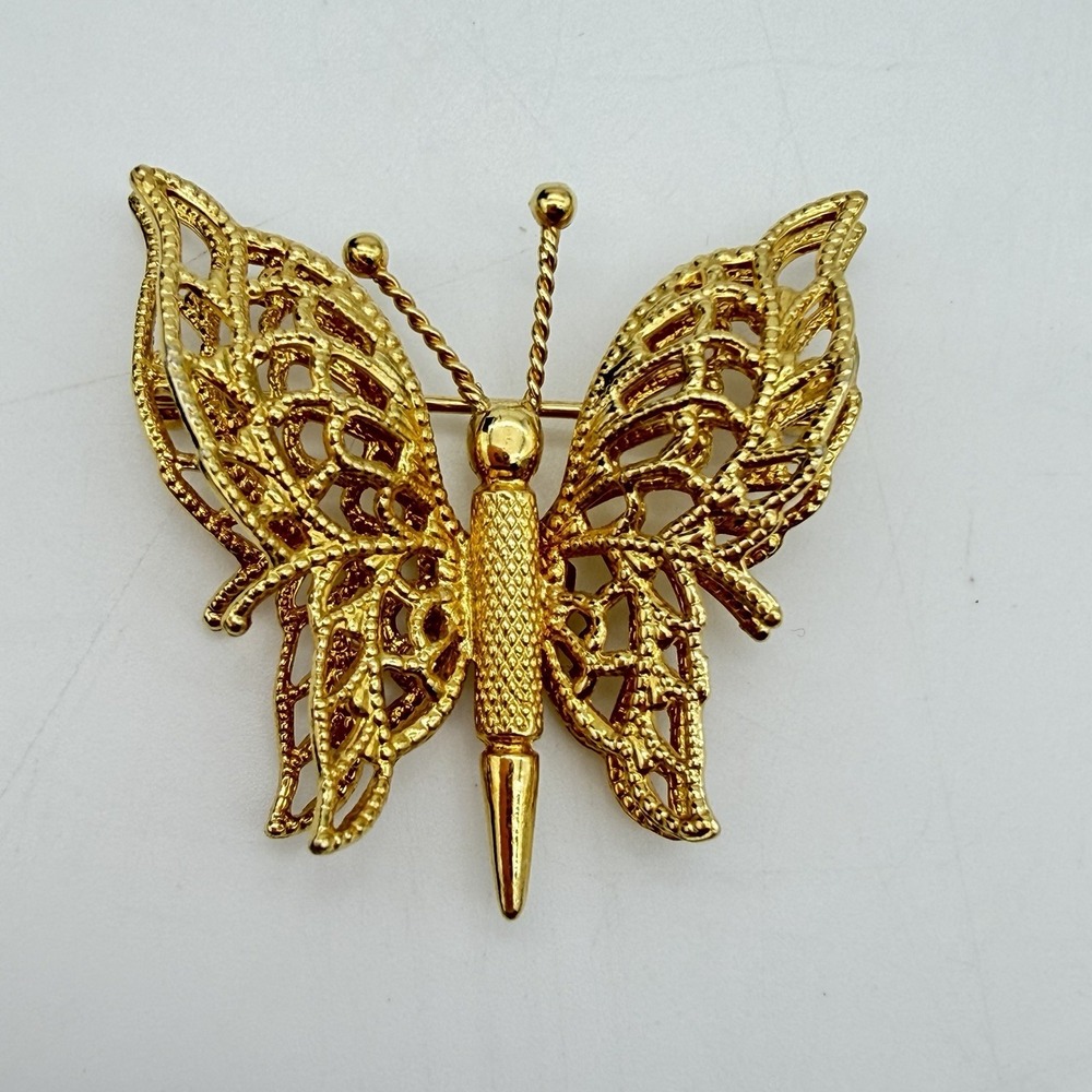 Vintage MONET Butterfly Brooch Signed Gold Tone Filigree